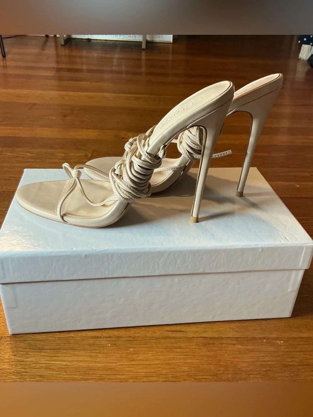FEMME LA Nude Wrap-Strap Stiletto Sandals